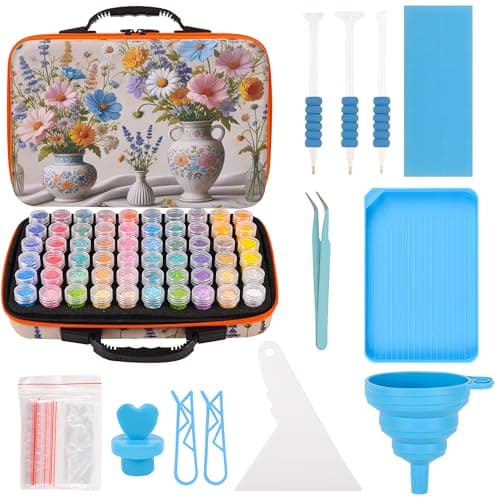 MERATIA 60 Slots Diamond Painting Storage Container, Diamond Art Kits for Adults Stackable Bead Organizer with Carrying Handle, Craft Storage Box with Accessories (Ceramic Garden-60 Slots)