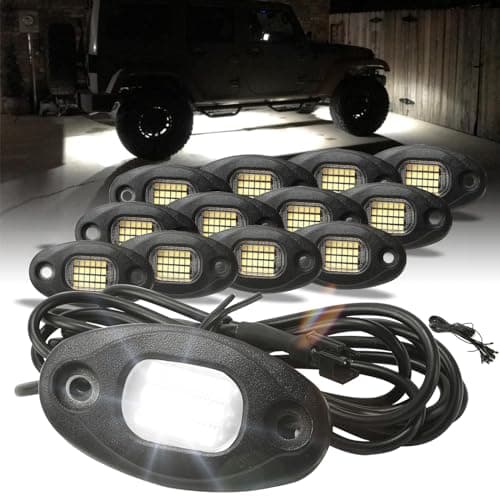 SUNPIE 12 Pods Quick Connect White Rock Lights, Aluminium Metal, 24 High Power Chips, 4M Extension Wires Each, 6000K Pure White, Mounting Pads, IP67 Waterproof, Fits for Trucks Trailer SUV ATV UTV