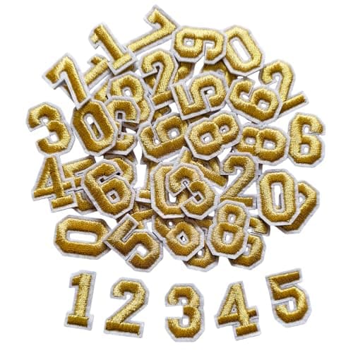 Zlettery 50pcs Iron on Number Patches 1 inch 5 Sets of 09 Embroidered Small Number Patches for Clothing Jackets Hats Backpacks Jeans Gold
