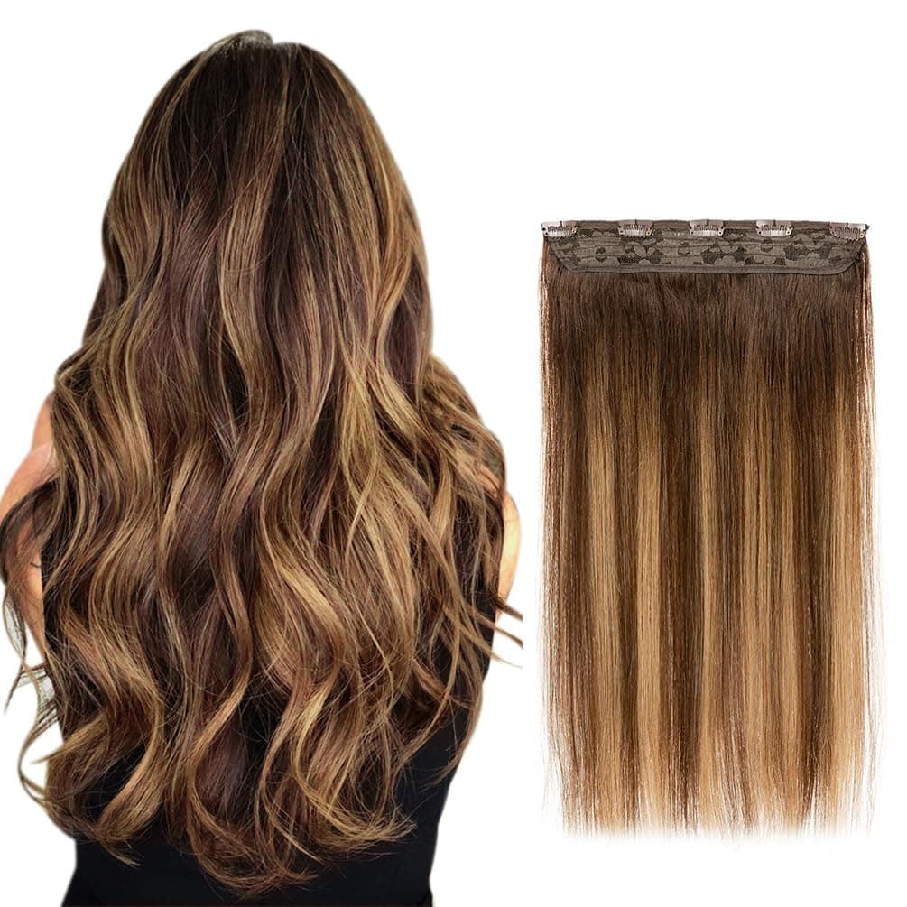 Winsky Hair Extensions Real Human Hair One Piece Brown Balayage Remy Hair Extensions Clip on 90gram for Women 20inch 4T27P4
