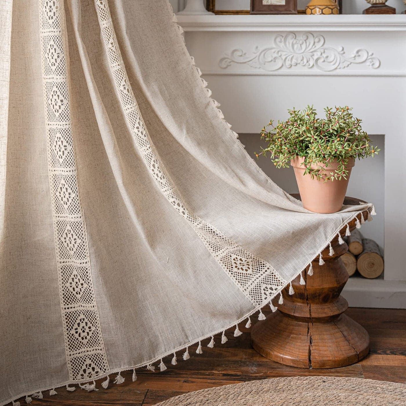 ENJOYBRIDAL Beige Curtains Crochet Lace Patchwork Drapes Curtains 96 Inch Length 2 Panels Tassel Rod Pocket SemiSheer Boho Bedroom Living Room Farmhouse Rustic Window Curtain Panels