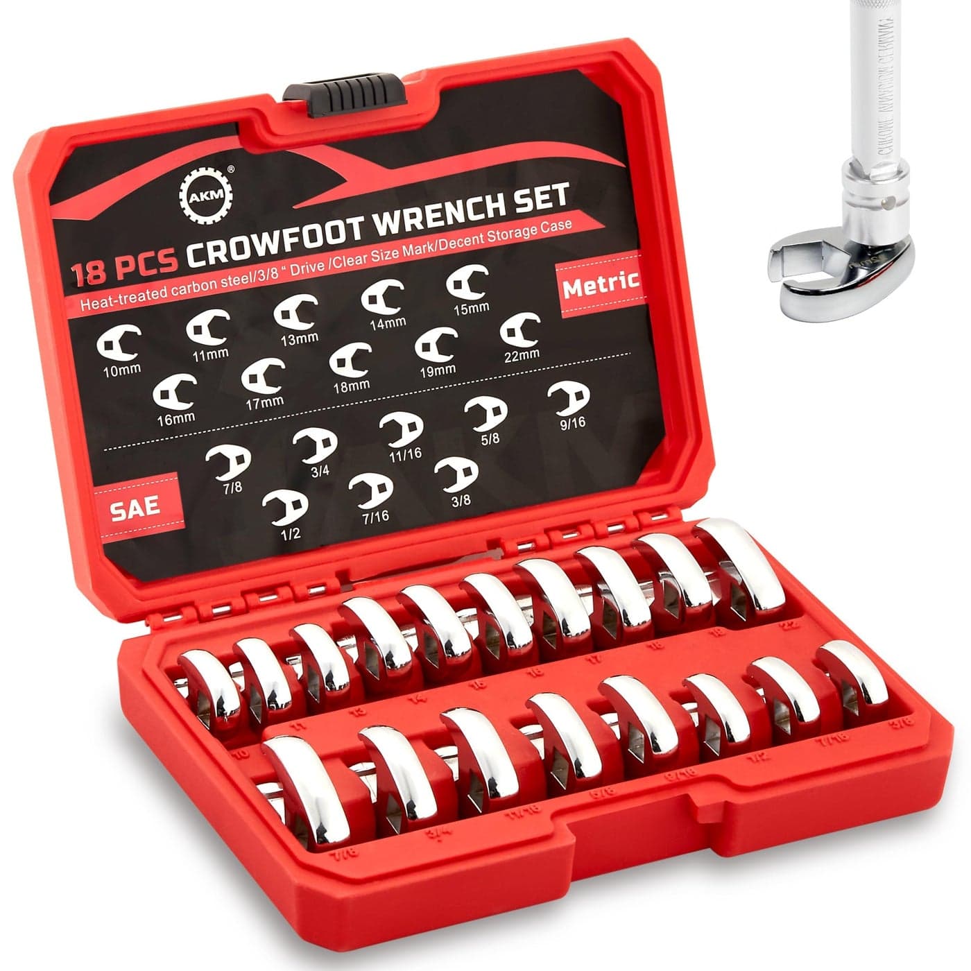 AKM 38 Drive Crowfoot Wrench Set 18Piece Crv Steel Flare Nut Wrench Set 6 Point Flare Nut Crowfoot Fully Polished Clear Mark SAE 3878 Metric 1022mm with Organizer Box