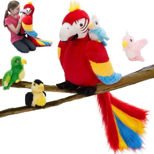 Tezituor Macaw Parrot Stuffed Animals with Babies 18 Mommy Stuffed Parrot Plush with 4 Baby Parrots Realistic Parrot Toys for Kids Big Bird Plush Toy Gift for Christmas Birthday Decoration