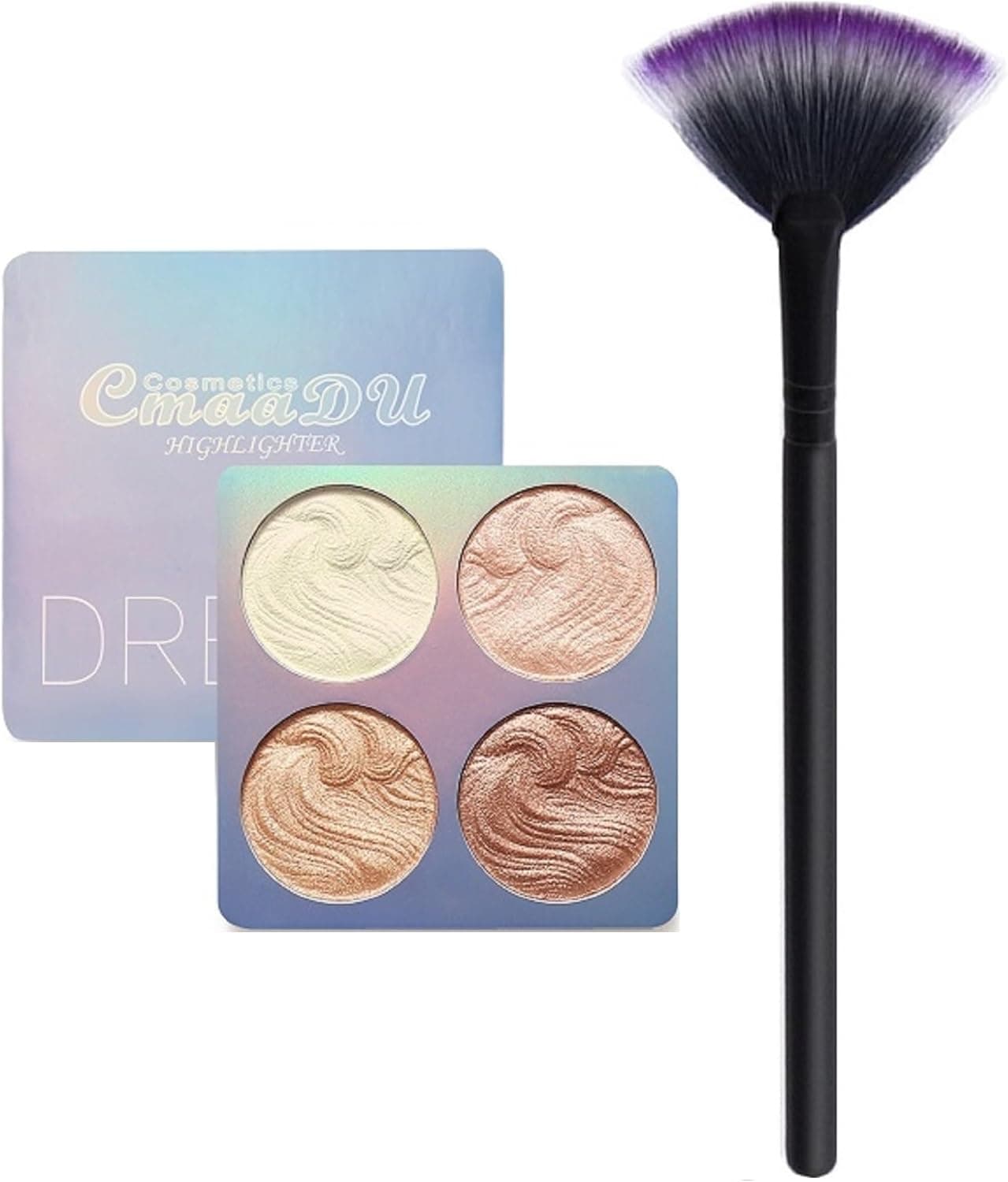 4 Colours Baked Powder Highlighter n Bronzing Palette LyDia Small Black Fan CheekBlendingContourHighlighterBronzerDust Makeup Brush