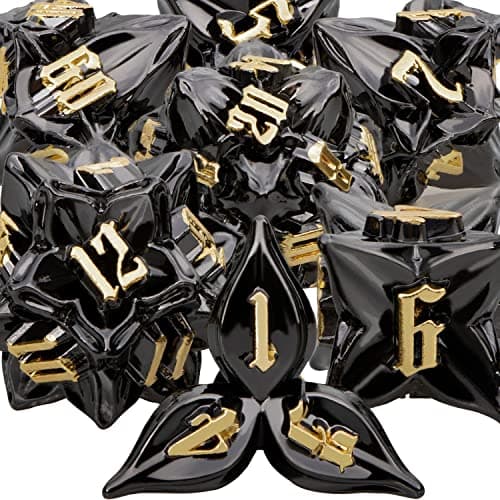 ARUOHHA DND Metal Dice Set Black Leaf Gold Numbers Design Polyhedral Dice with Box 7PCS D and D Dice RPG Role Playing Games D20 D12 D10 D8 D6