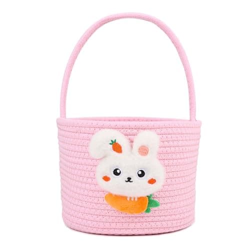 DIYASY Easter Basket for Kids, Woven Bunny Eggs Basket with Handle Gifts Tote Bag Candies Buckets for Boys Girls Toddler Baby Party Decorations Pink