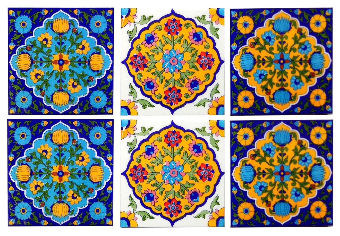 Shiv Kripa Blue Pottery Home Decor Moroccan Interior Exterior Crafted Tabletop Flooring Wall Ceramic Handcrafted Painted Wall Tiles 6 x 6 Inch Set of 6 Tiles Multi