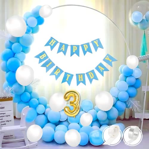 Flyloons 3rd Blue White Happy Birthday Decoration for Girls Kids Boys with Blue Happy Birthday banner, White,Blue Pastel Balloons, Glue dots,Arch Tape for Balloons birthday decoration items for room…