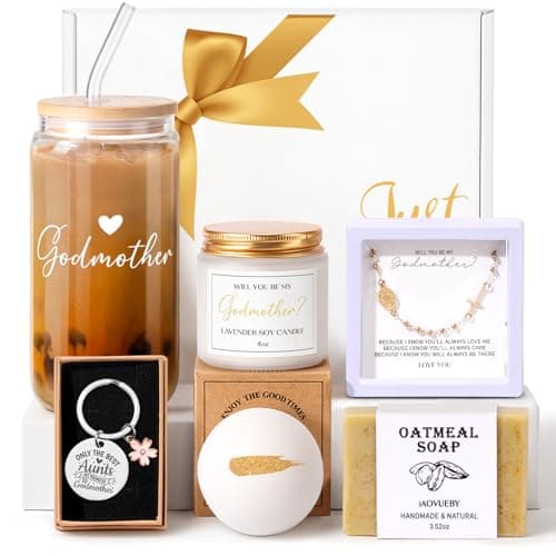 iAOVUEBY 7PCS Godmother Proposal Gift, Will You Be My Godmother 16oz Glass Cup Bracelet Keychain Candle Self Care Gifts Basket for Women, God Mother Proposal Gift