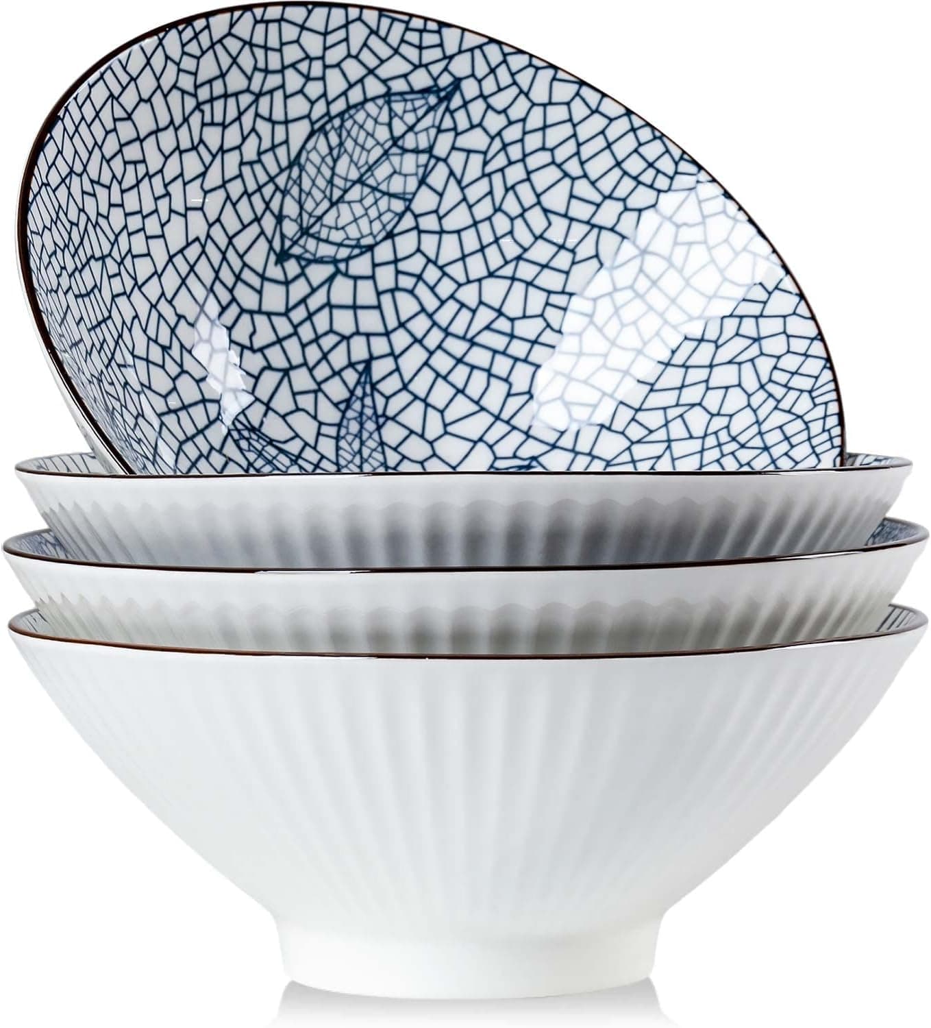 QINLANG 38 oz Japanese Ramen Soup Pho Noodle Bowls 8 in Blue and White Ceramic Set of 4 Leaf Pattern