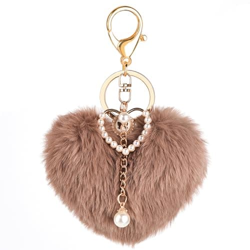 Fuerxy Heart Plush Keychain, Faux Fur Pom Pom Bag Charms, Cute Accessories for Backpacks Purse Car Key (Brown)