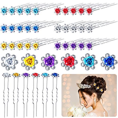 30 Pieces Rhinestone Hair Pins Bridal Wedding Crystal Clips Rose Flower Crystal U Shaped Bobby Pins Decorative Hair Pins Accessories Hairpin Jewelry Barrette for Bride Women Bridesmaids
