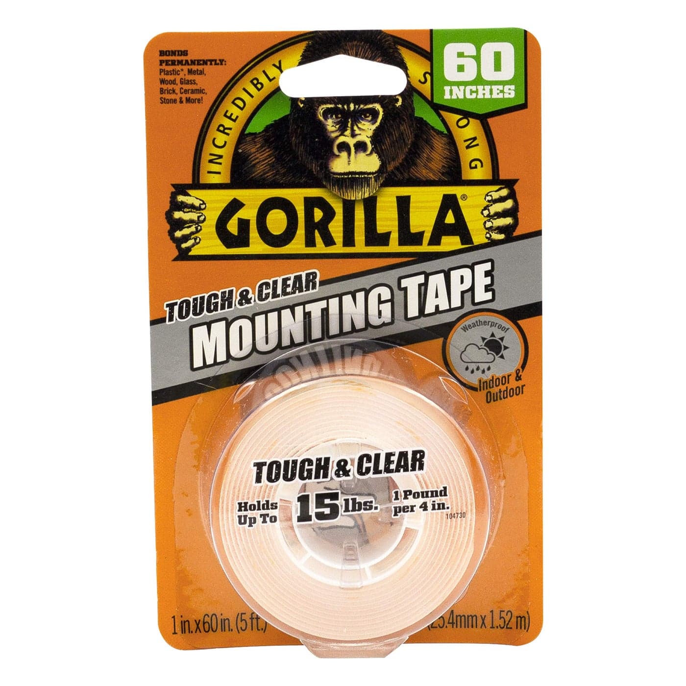 Gorilla Tough & Clear; Double Sided Mounting Tape; Weatherproof; 1" x 60"; Clear; (Pack of 1)