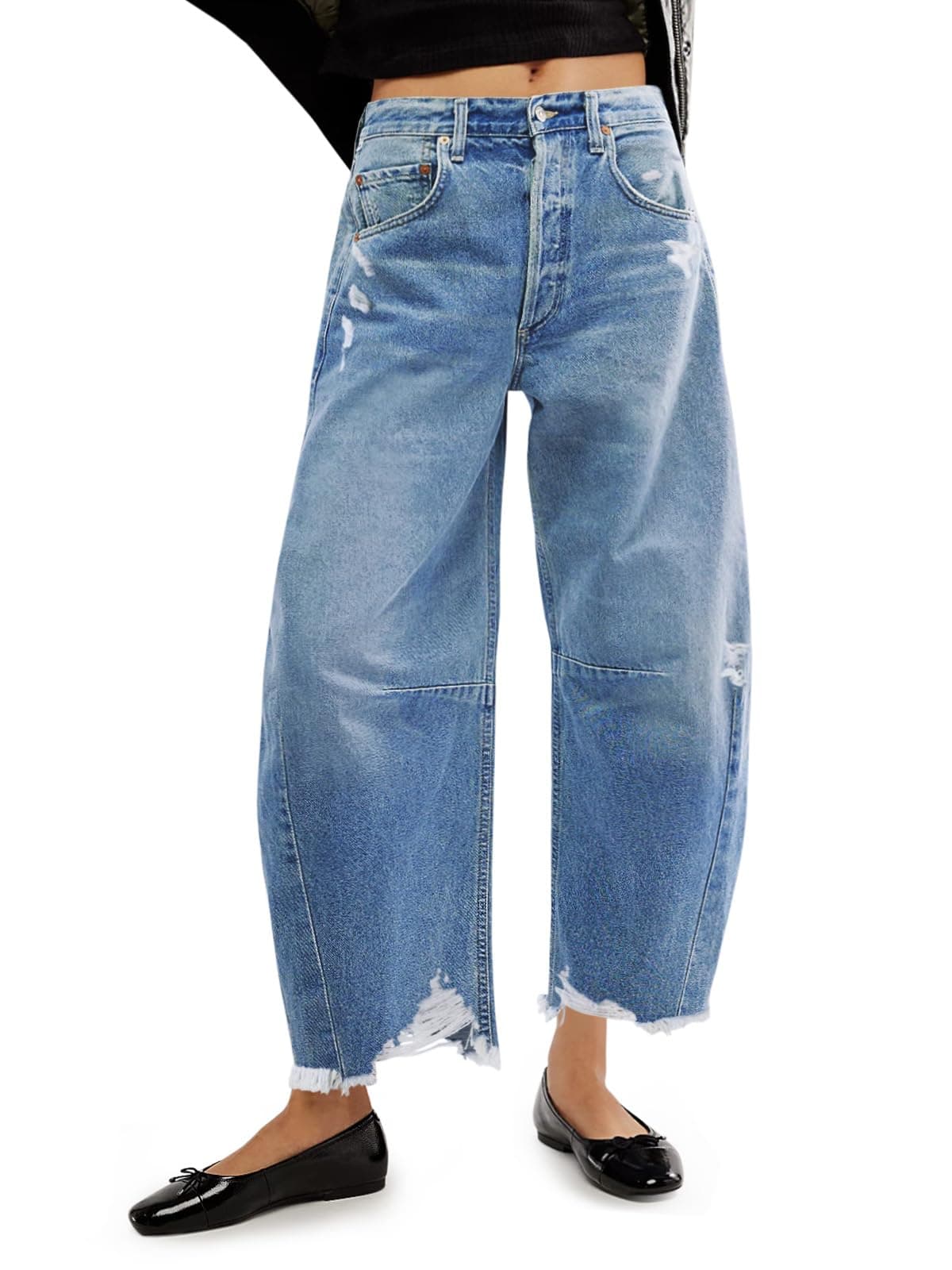 Cicy Bell Womens Baggy Barrel Jeans Cropped Boyfriend Wide Leg Raw Hem Denim Pants Light Blue