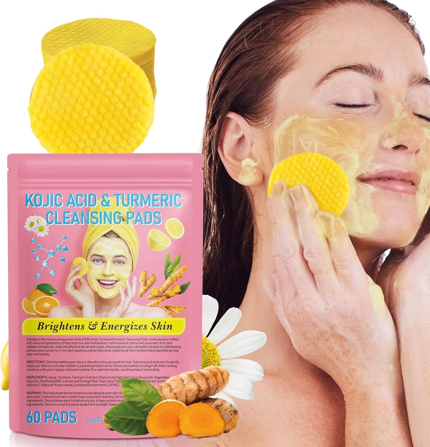 Kojic Acid and Turmeric Pads 60pcs Turmeric Kojic Acid Cleansing Pads Facial Sponges for Cleansing Balance Skin Oil And WaterGentle NonIrritating