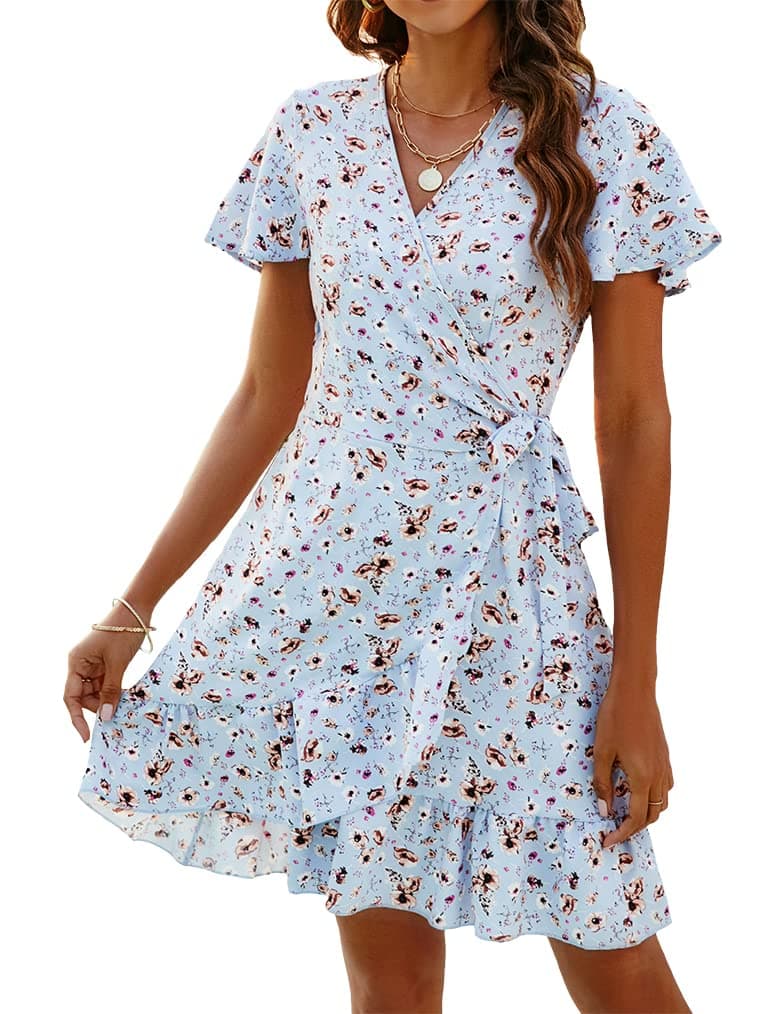 Naggoo Dresses for Women Summer Floral Dress V Neck Wrap Dress Sky Blue M