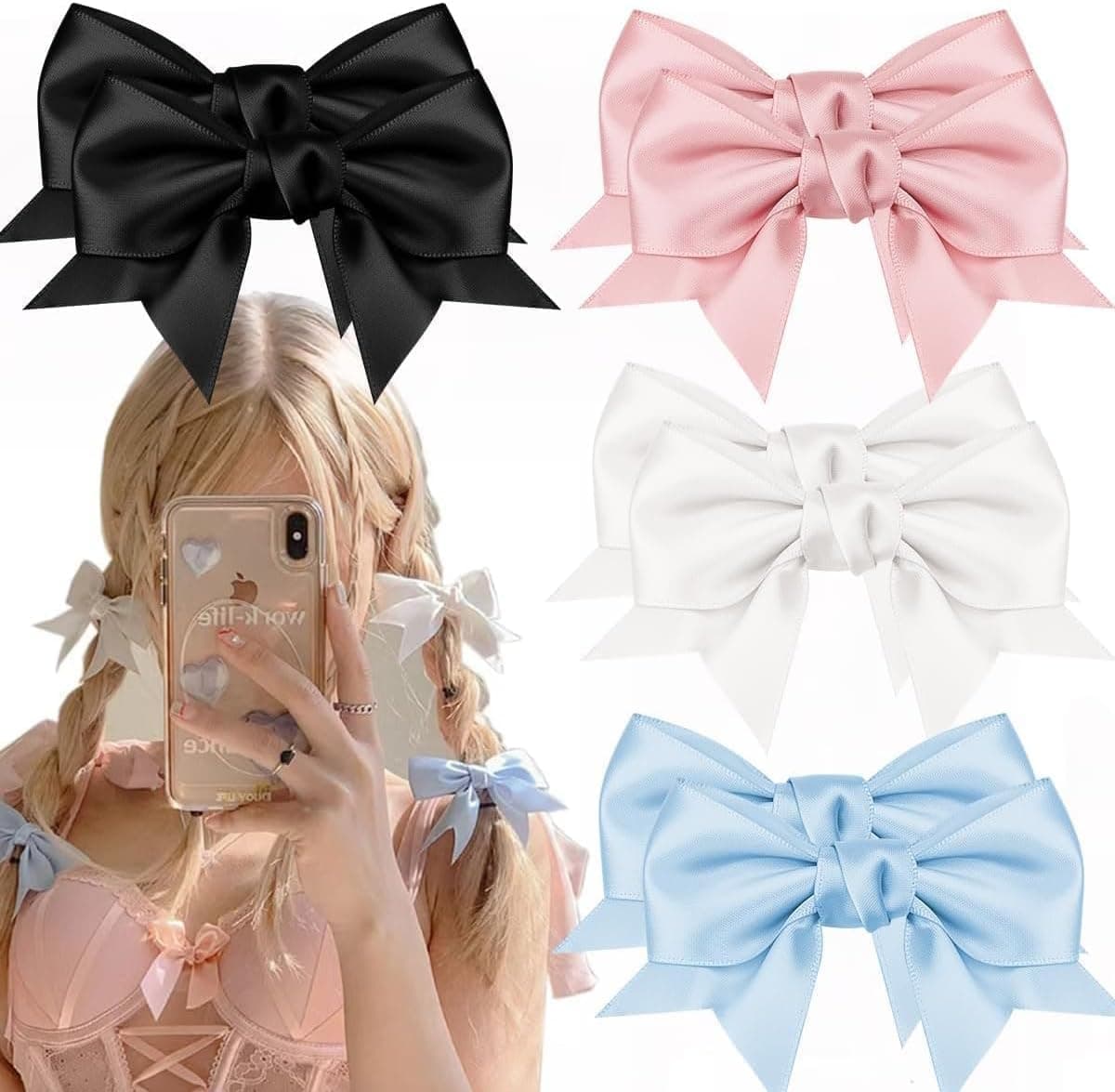 8PCS Bowknot Hair Clips for Women and Girls, 4 Colors Satin Ribbon Hair Bows, 4.5 Inch Cute Alligator Hair Clips, Elegant Hair Accessories for Ponytail, Party, School or Daily Wear