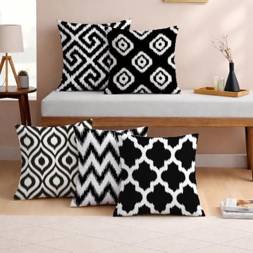 STITCHNEST Set of 5 Polycotton Cushion Covers – 18x18 Inches – Black & White Ikat Geometric Print – Elegant Cushion Covers for Sofa & Living Room | Perfect for Home Decor