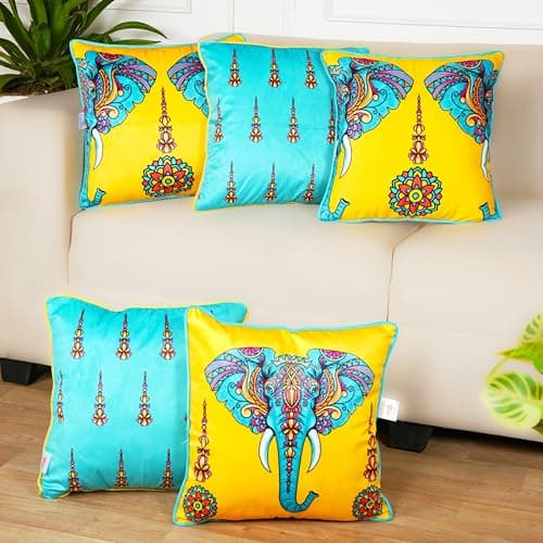 STITCHNEST Rangila Gajraj Velvet Cushion Cover Set of 5 | Both with Piping | 18x18 Inch | Soft, Premium & Colorful Home Décor for Sofa & Bed