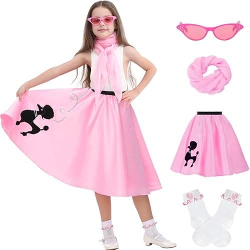 Wizland 100 Days of School Costume Poodle Skirts for Grils 1950s Outfits Costumes Grils 5pcs Sock Hop Dresses With Socks Scarf Glasses S 46