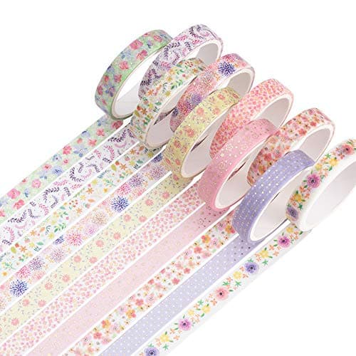 YUBBAEX 10 Rolls Sparkling Washi Tape Set 8mm Skinny Gold Foil Decorative Masking Washi Tapes for JournalScrapbook Planner DIY Crafts Beautiful Flowers