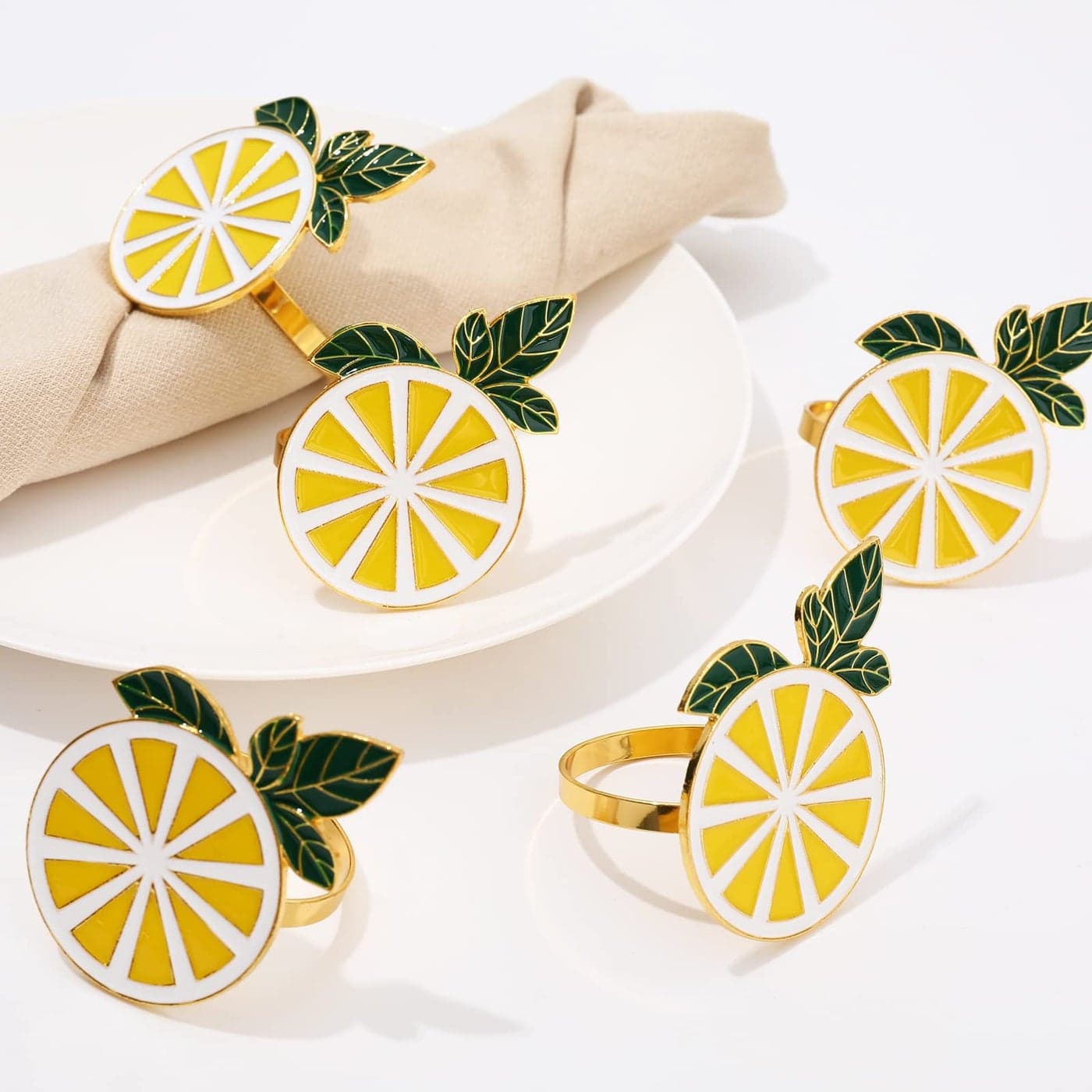 Whaline 6Pcs Lemon Napkin Rings Metal Lemon Napkin Holder Farmhouse Gold Fruit Napkin Buckle for Summer Wedding Dinner Party Birthday Banquet Family Gathering Holiday Table Top Decoration