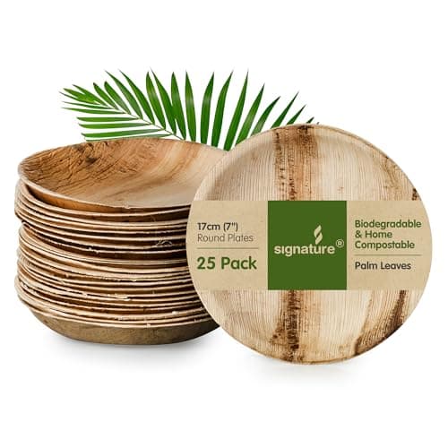 Signature Packaging Disposable Palm Leaf Plates Sturdy Medium Round Plates 17cm 25 Pack Compostable Eco Friendly and Biodegradable Like Wooden and Bamboo
