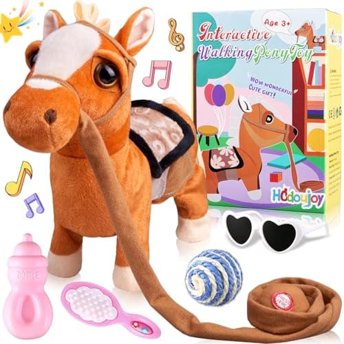 HCdoujoy Brown Walking Pony for Kids Plush Interactive Singing Dancing Musical Realistic Pet Stuffed Animal Shaking Leash Horse Head Buttocks Toy for Boys Girls or Toddlers