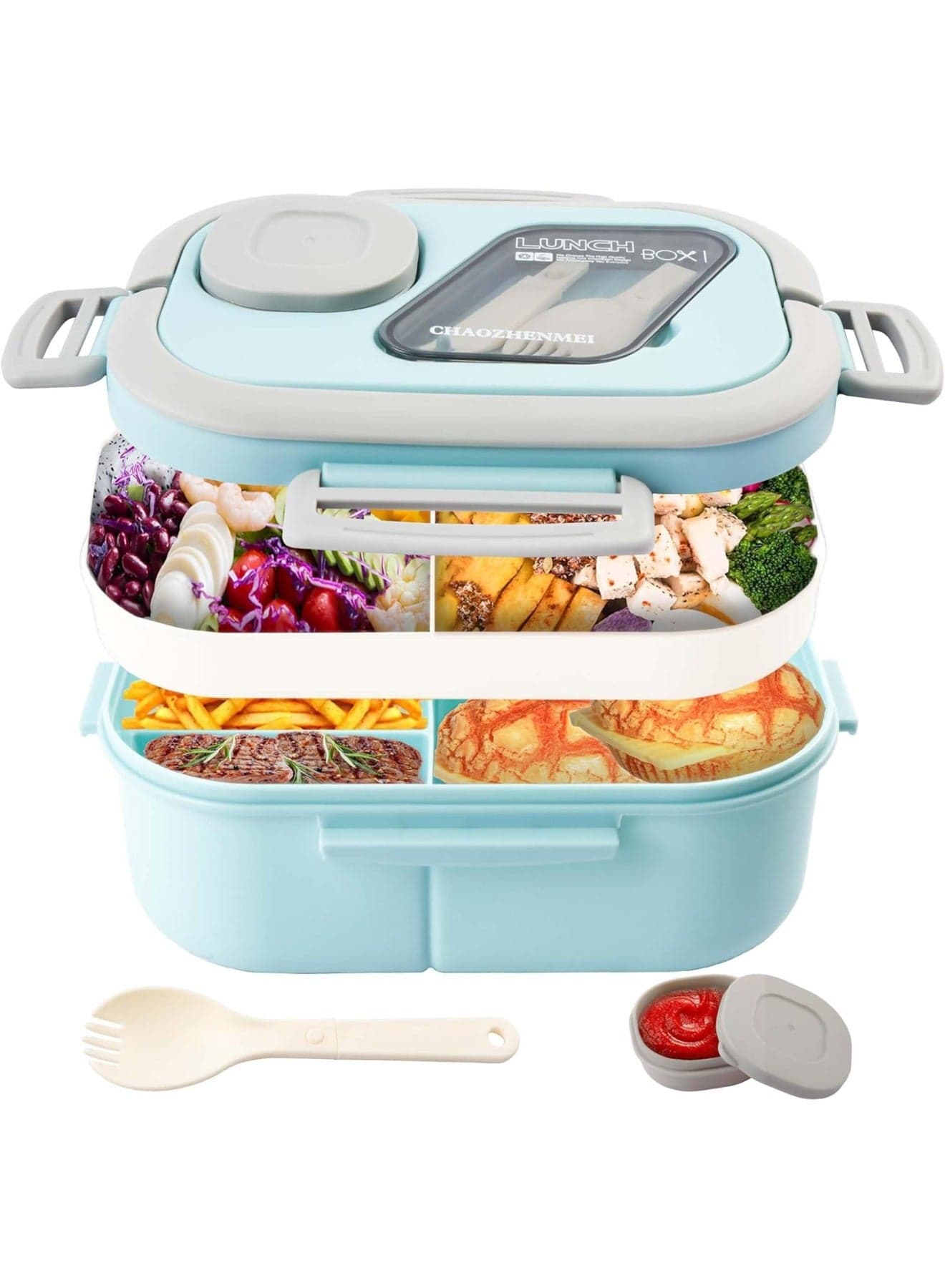 Bento Lunch Box, Salad Container, Large 43oz Salad Bowl, with 4 Compartments, 3oz Sauce Container for Dressings, Built-In Reusable Fork, Microwave u0026 Dishwasher Safe (Blue)