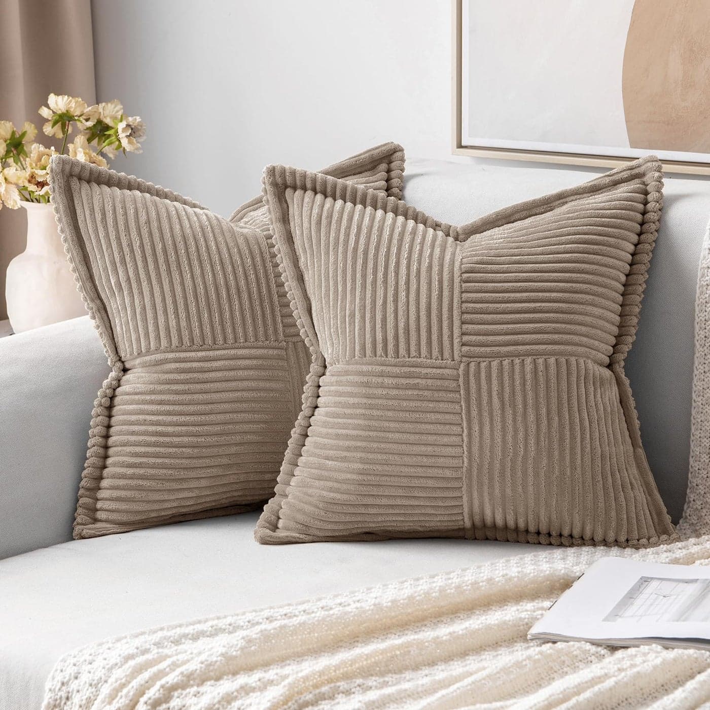 MIULEE Decorative Throw Pillow Covers for Couch Bed Livingroom 18x18 Inch Set of 2 Light Brown Boho Accent Throw Pllows Broadside Striped Patchwork Soft Corduroy Pillowcases