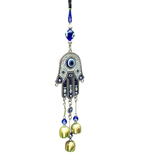 GJ Hand Evil Eye with 3 Bells Hanging for Home Car and Office, Big Size, Multicolor