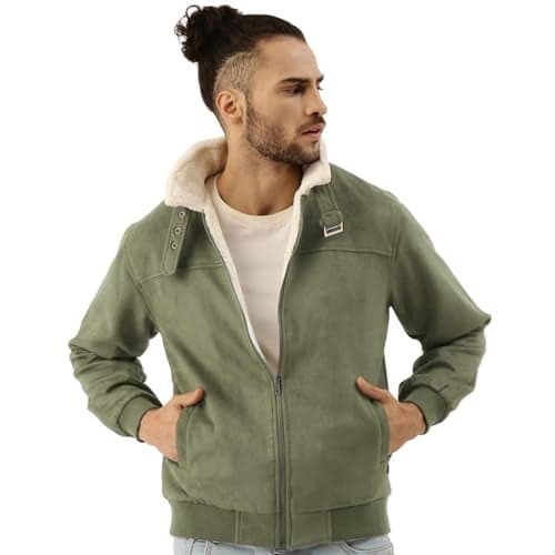 Campus Sutra Men's Obsidian Green Fur-Lined Suede Bomber Jacket For Casual Wear | High Neck | Long Sleeve | Zipper Closure | Jacket Crafted With Comfort Wear For Everyday Wear