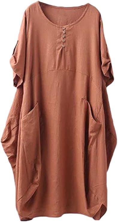 Minibee Women's Ruffle Oversize Casual Midi Dresses with Pockets Brown XL