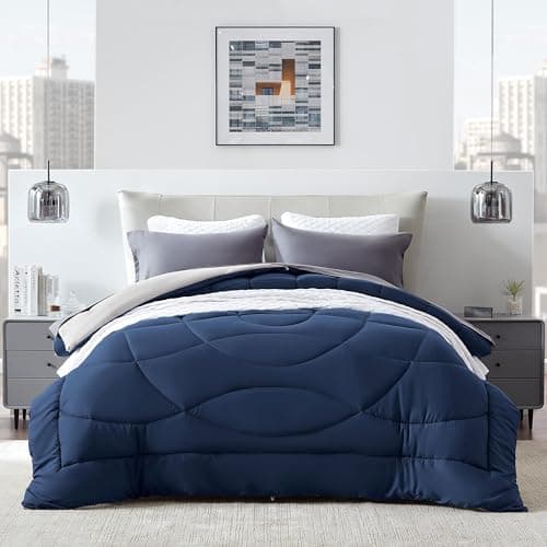 SLEEP ZONE Comforter Duvet Insert, King Size Quilted Reversible Comforters, Soft All Season Duvet, Down Alternative Breathable Bedding with 8 tabs, 2 Sides Navy Gray 102 x 88 Inches