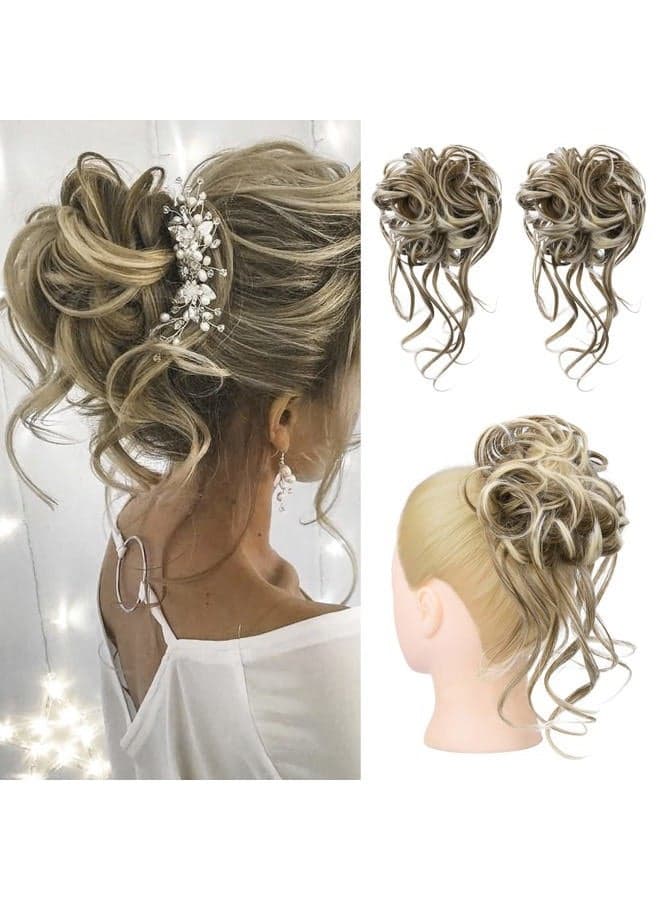 Messy Bun Hair Piece, 2PCS Tousled Updo with Tendrils Hair Bun Extensions Wavy Curly Hair Wrap Ponytail Hairpieces Hair Scrunchies for Women Girls - Light Ash Brown with Blonde mixed