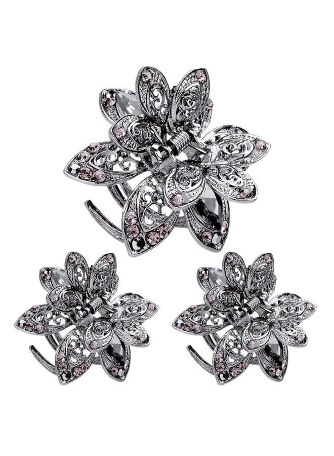 3 Pack Mini Crystal Hair Clips, 1.5 in Small Metal Rhinestone Jaw Clips Non-Slip Vintage Flower Claw Clip, Bling Hair Clip Accessories for Women Girls, Grey