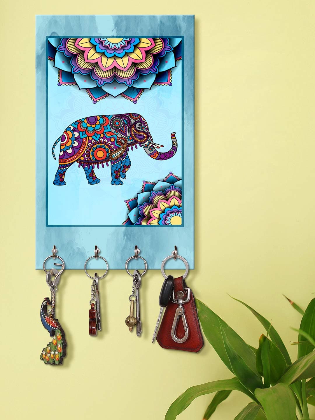 999STORE Wall Hanger Holder Wall Mount Hanger Organizer Decorative Mandela Elephant Key Stand for Wall (MDF_7.5X12 Inch_Multi) KeyholderP029