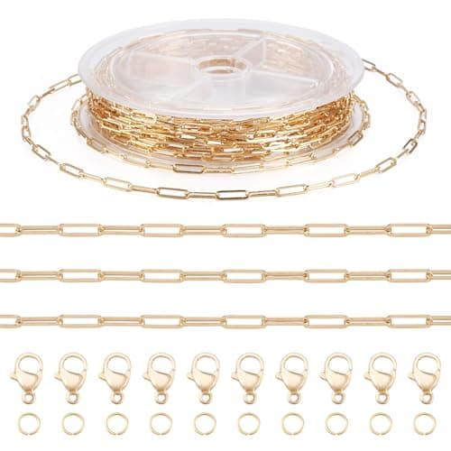 Pandahall 16.4 Feet Real 16K Gold Plated Paperclip Chains Soldered Flat Oval Cable Chains with Jump Rings Lobster Claw Clasps for Bracelet Necklace Jewelry Making, 10x2.7x0.7mm