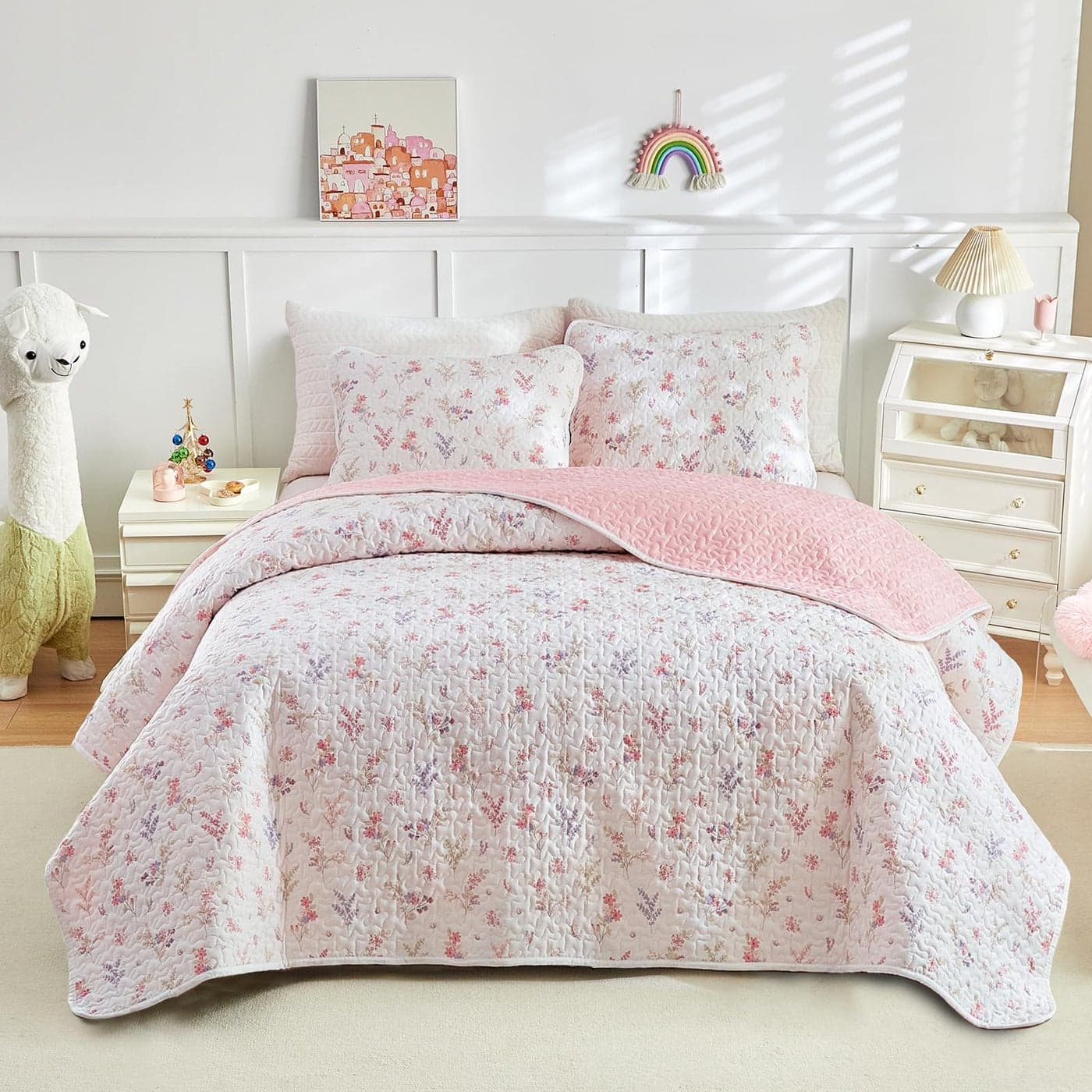 Joyreap 3 Pieces Cotton Quilt Set for Girls FullQueen Size Pink Flowers Floral Design Cozy Lightweight Quilt Bedspread Bed Cover for All Season 1 Quilt and 2 Pillow Shams 90x90 inches