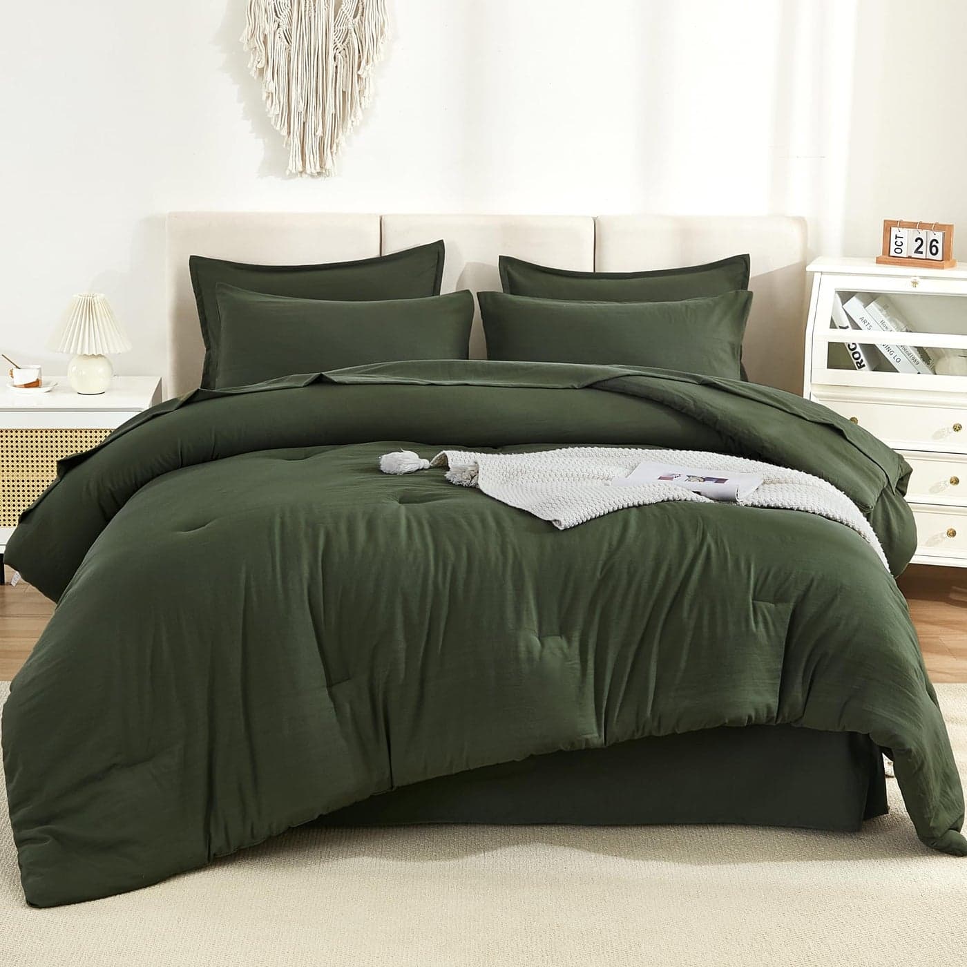 Litanika Dark Olive Green King Size Comforter Set 7 Pieces Bed in a Bag King Bedding Comforter Sets Plain Lightweight Bed Set with Comforter Sheets Pillowcases Shams