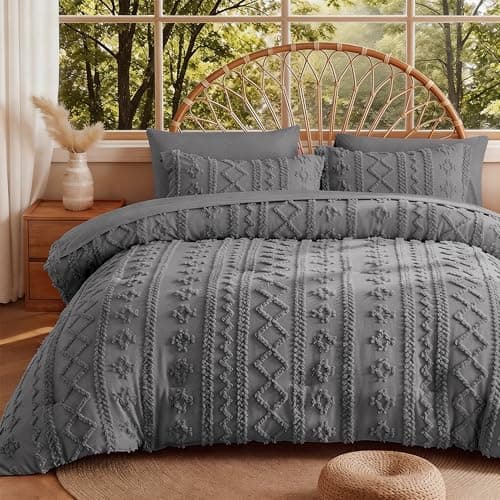 MR&HM Queen Comforter Set Dark Grey, 7 Pieces Tufted Boho Beddding Sets, Farmhouse Style Bed in a Bag with 1 Comforter, 2 Pillow Shams, 2 Pillowcases, 1 Flat Sheet, 1 Fitted Sheet for All Seasons