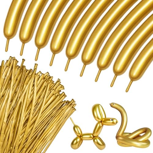 100Pcs 260 Balloons Metallic Gold Long Balloons for balloon animals Gold Skinny Latex Twisting Balloon for Animals Modeling Christmas Birthday Wedding Party Decorations Gold