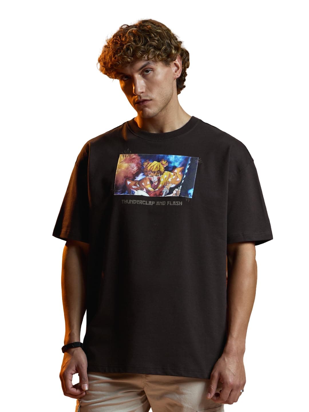 The Souled Store Demon Slayer: Zenitsu Men and Boys Short Sleeves Round Neck Graphic Printed Cotton Lightweight Comfortable All-Season Oversized T-Shirt