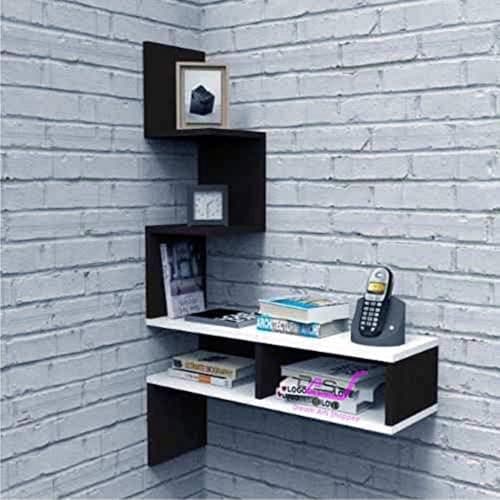 Dime Arts Shoppee Engineered Wood Painted Big Zigzag Corner Wall Mount Shelf Unit Racks and Shelves for Living Room (Black & White)