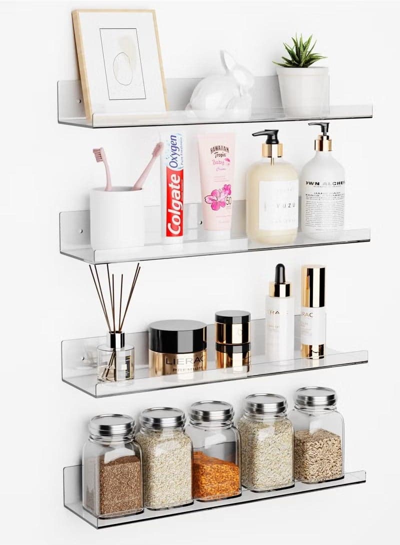 Adhesive Clear Bathroom Stroage Shelves, Acrylic Wall Shelf Organizer, Floating Shelves Wall Mounted, Set of 4(No Drill)