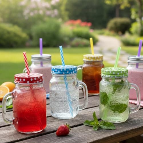 Ash & Roh® - Glass Mason Jar with Multi-Color Air-Tight Lids with Straw Mugs with Handle, Regular Mouth for Kitchen - 500 ML (1)