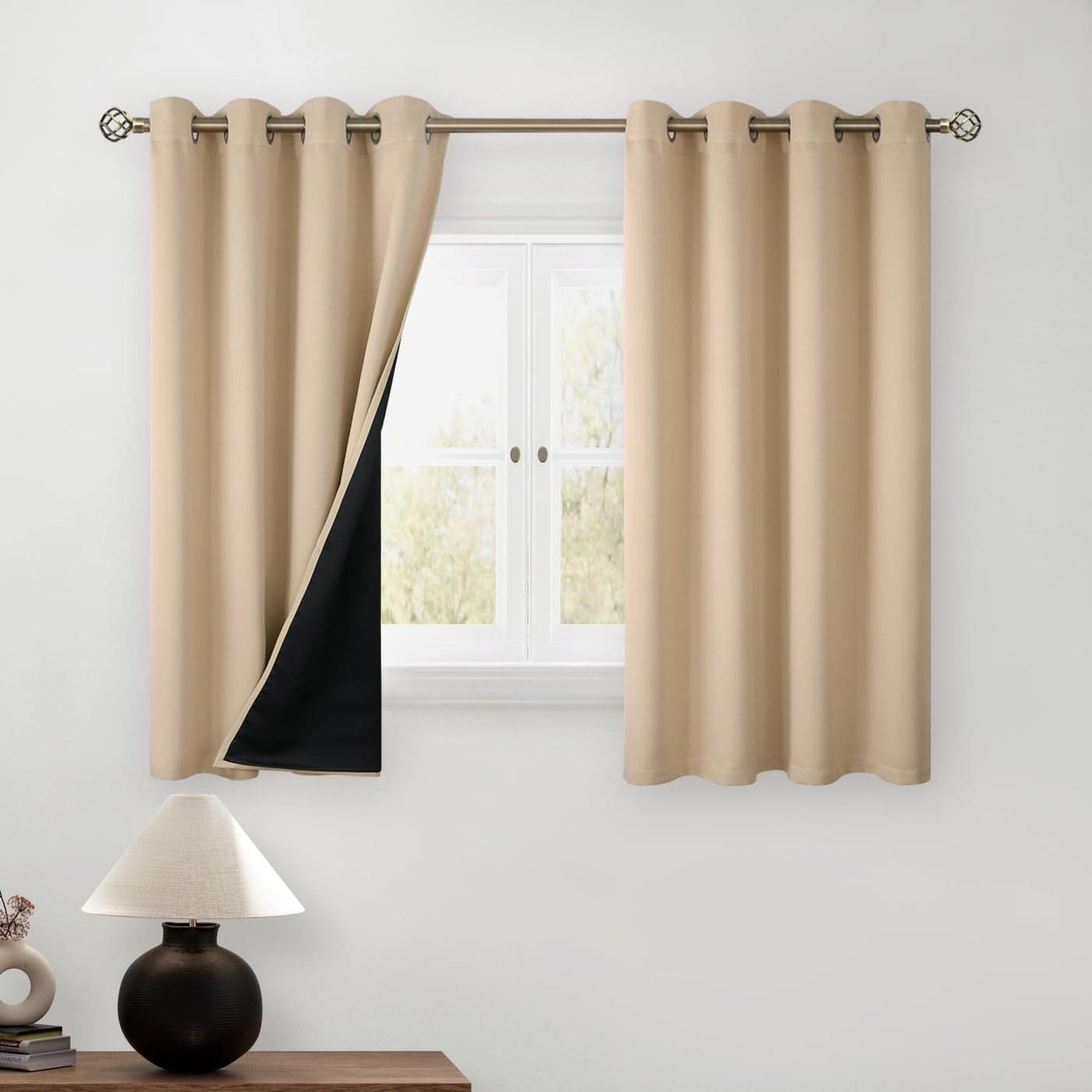 BGment Short 100 Blackout Curtains for Bedroom Thermal Insulated Energy Efficiency Noise Reducing Grommet Curtains 45 Inch Length with Liner for Small Window 2 Panels Each 52 Inch Wide Beige