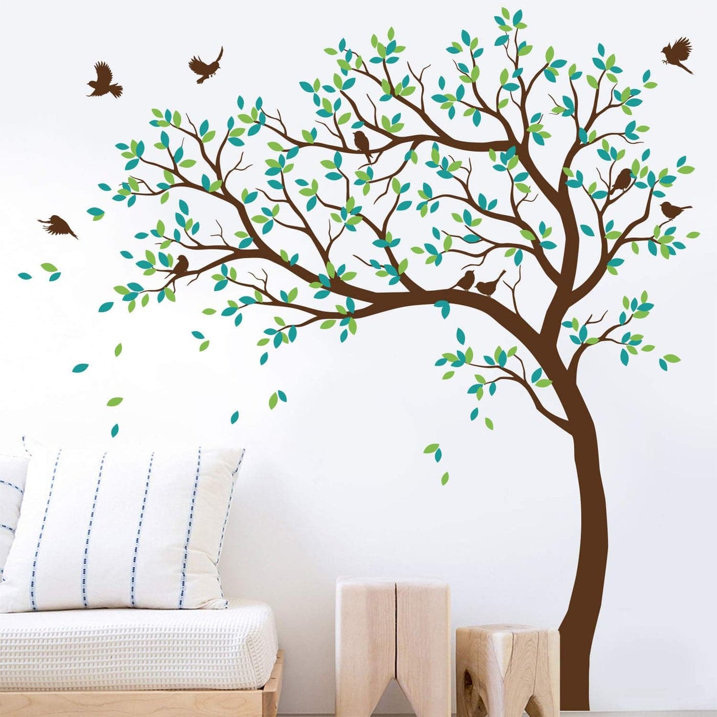 Large Tree Wall Decals Nursery Leaning Tree Stickers with Birds Wall Art Mural Vinyl Decor KW032 Leaning Left Brown LimeTree Green Turquoise