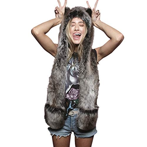 PowerKing Plush Novelty Animal Hat 3in1 Faux Fur Hood Winter Warmer Cap and Stylish Full Animal Hat Grey Wolf