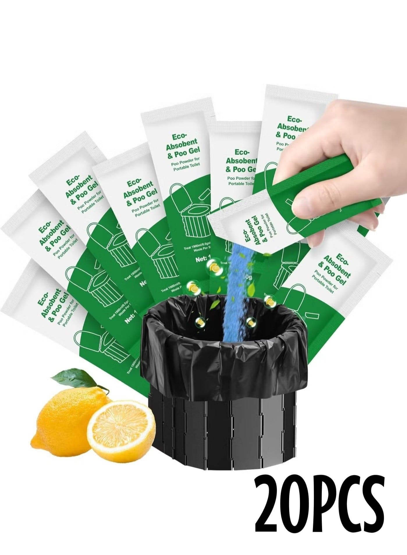 20-Pack Portable Toilet Gel - Fast-Acting Waste Absorber & Odor Eliminator, Leak-Proof Packets, Heat-Resistant for Desert Camping, Hiking, Travel & Emergencies
